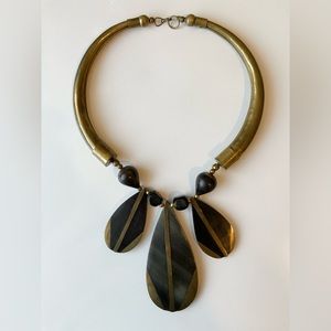 Unique artisan necklace with brass horns inlaid enameled stone pendants- Vintage